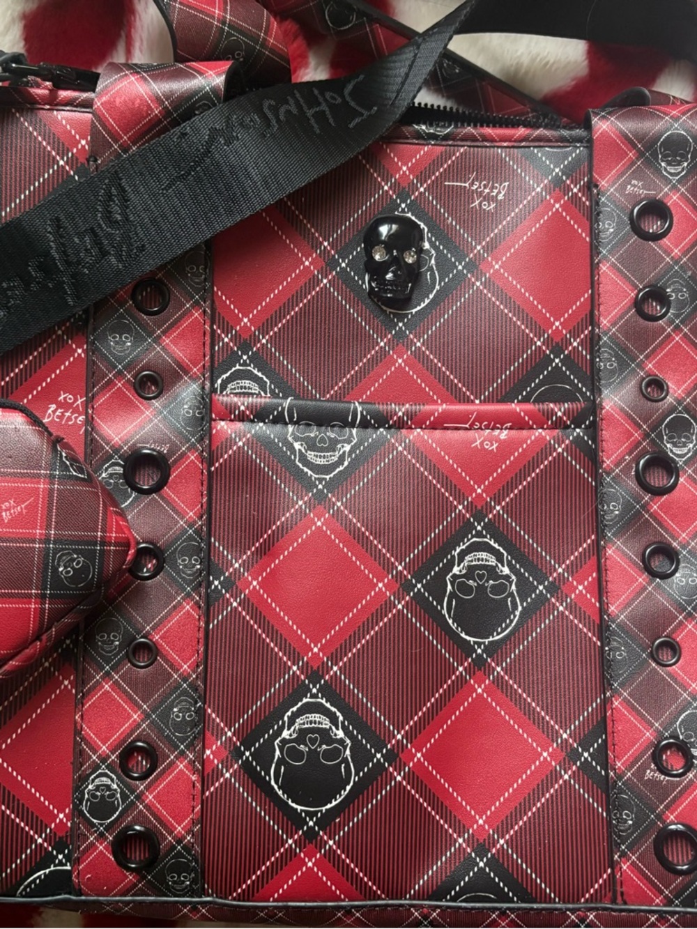 Betsey Johnson Red and Black Plaid Crossbody Bag with Skull Accent